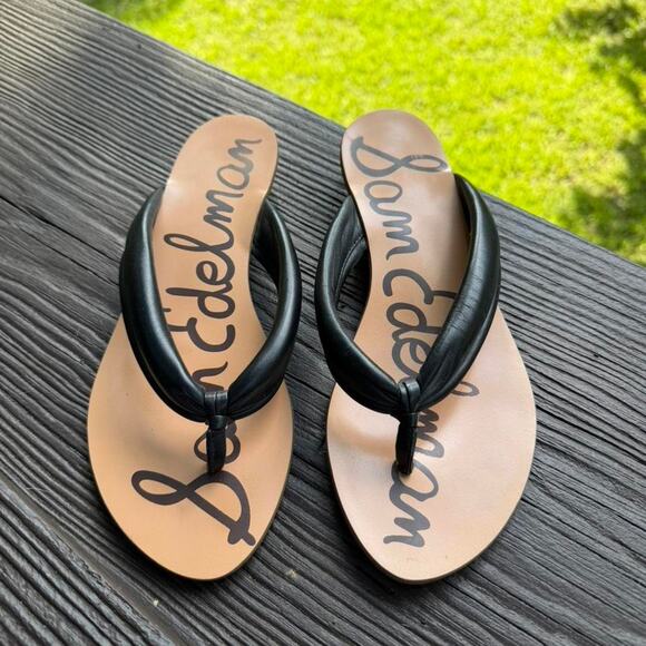 Sam Edelman Shoes - Sam Edelman Janet Leather Thong Sandals Quiet Luxury Low Heel Flip Flops Black